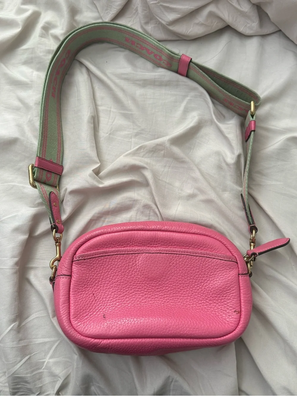 Coach Pink Leather Crossbody with Green and Pink Striped Strap
